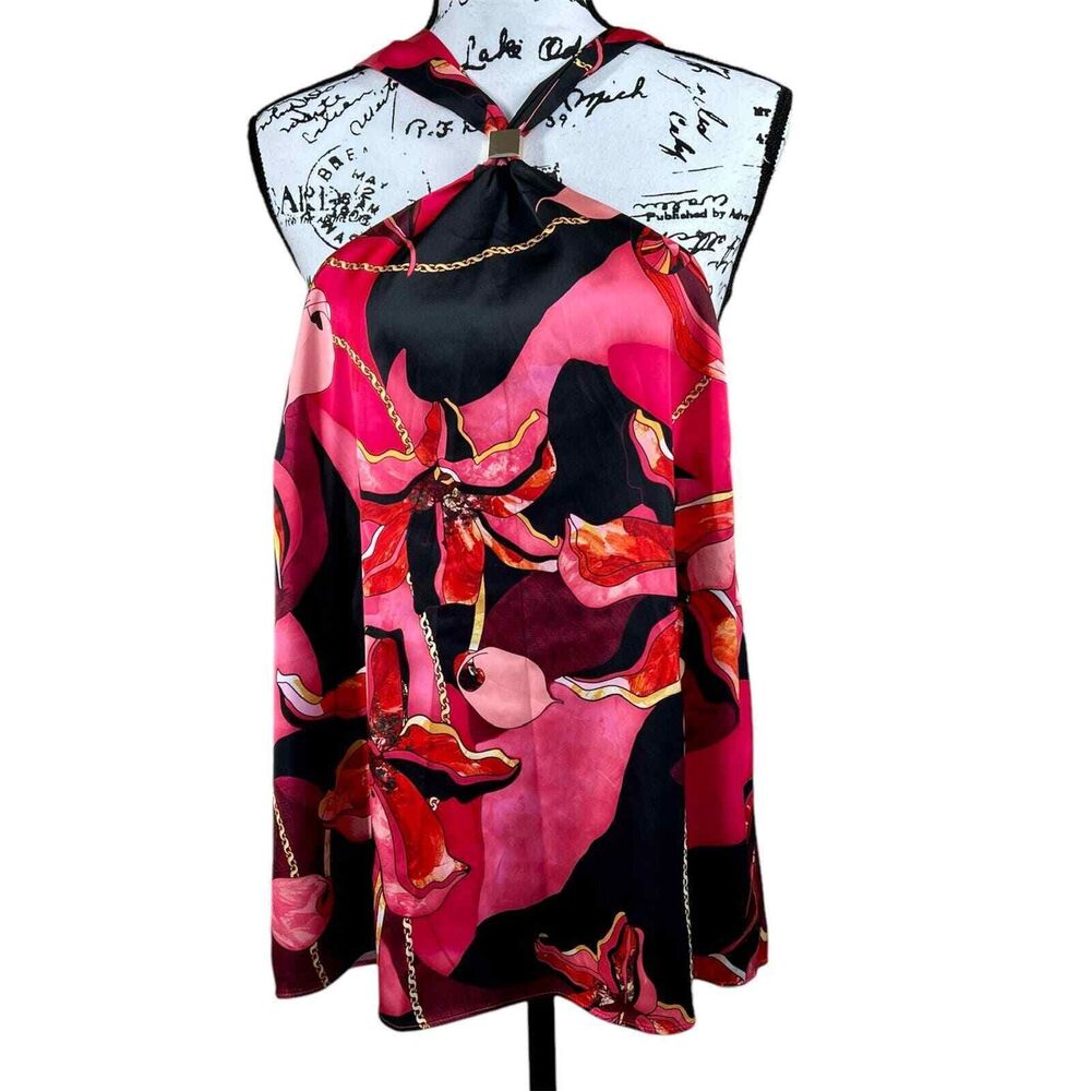 INC International Concepts pink red floral halter top back tie size L boho club